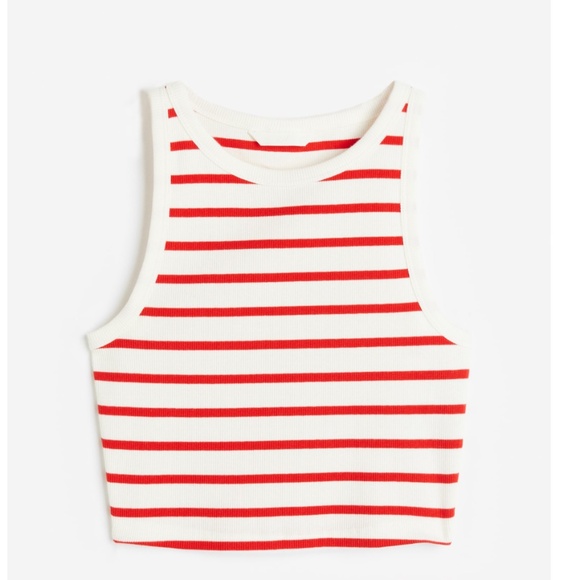 H&M Crop Tank Top Womens Size Small White Red Striped High Neck Fitted Stripes - Picture 7 of 7